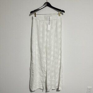 Hermoza Wide Leg Pants White Floral Elastic Waist Size Large Flowy Beach Slit